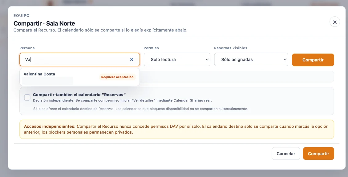 Interfaz real para compartir Sala Norte con otra persona y definir permisos en PietroCal